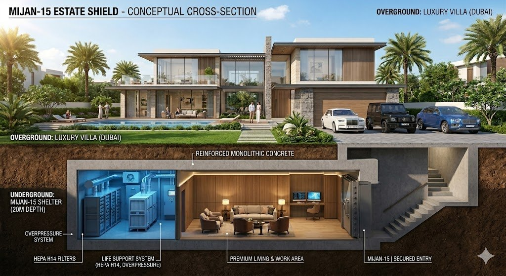 MIJAN-15 Estate Shield — conceptual cross-section showing underground shelter beneath a luxury Dubai villa